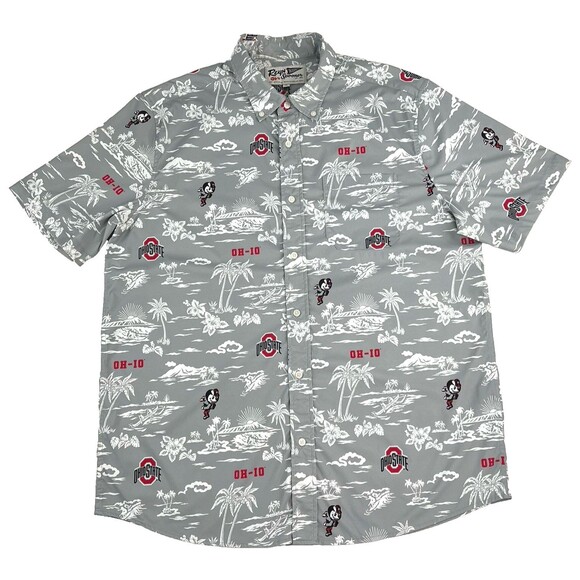 Reyn Spooner Ohio St Buckeyes Hawaiian Camp Shirt Gray Short Sleeve Mens XL - Picture 1 of 7